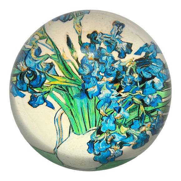 Vincent Van Gogh Irises in a Vase Dome Paperweight Glass, Gift Boxed, 3"Diameter - Picture 1 of 5